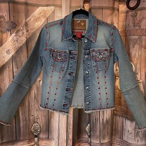 Guess Jeans denim jacket / red bling / size medium / stretch denim